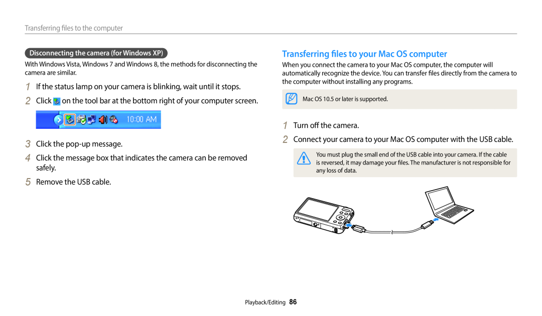 Samsung EC-ES95ZZBDPVN manual Transferring files to your Mac OS computer, Click the pop-up message, Remove the USB cable 
