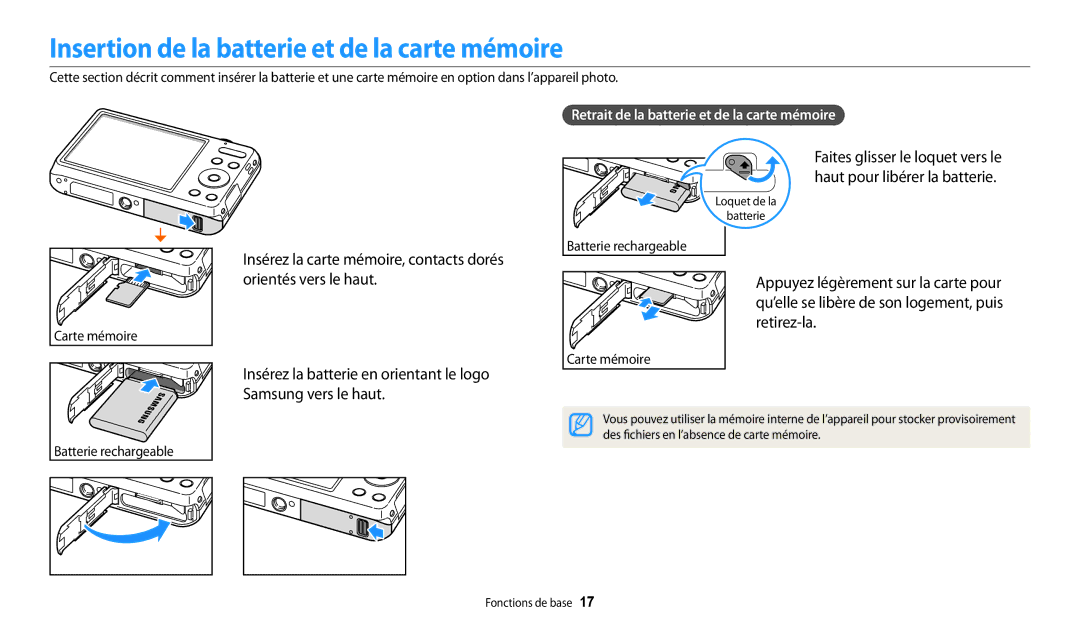 Samsung EC-ES95ZZBPRE3 manual Insertion de la batterie et de la carte mémoire, Insérez la carte mémoire, contacts dorés 