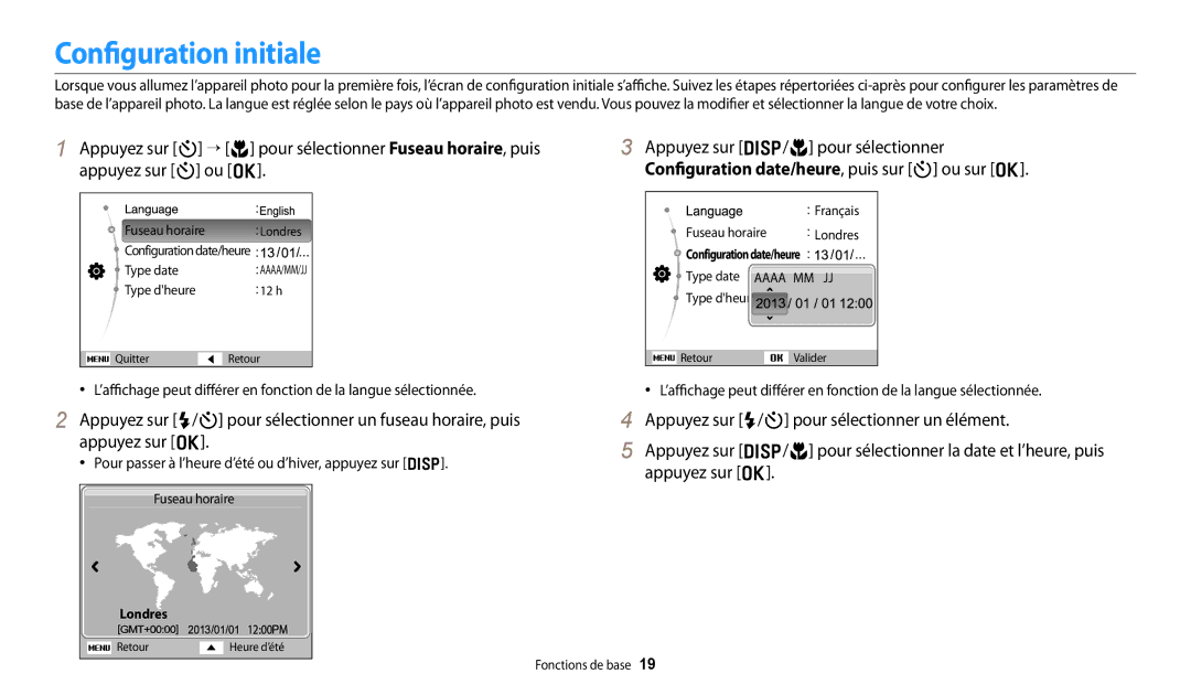 Samsung EC-ES95ZZBPRE3, EC-ES95ZZBPWE3 manual Configuration initiale, Pour passer à l’heure d’été ou d’hiver, appuyez sur D 