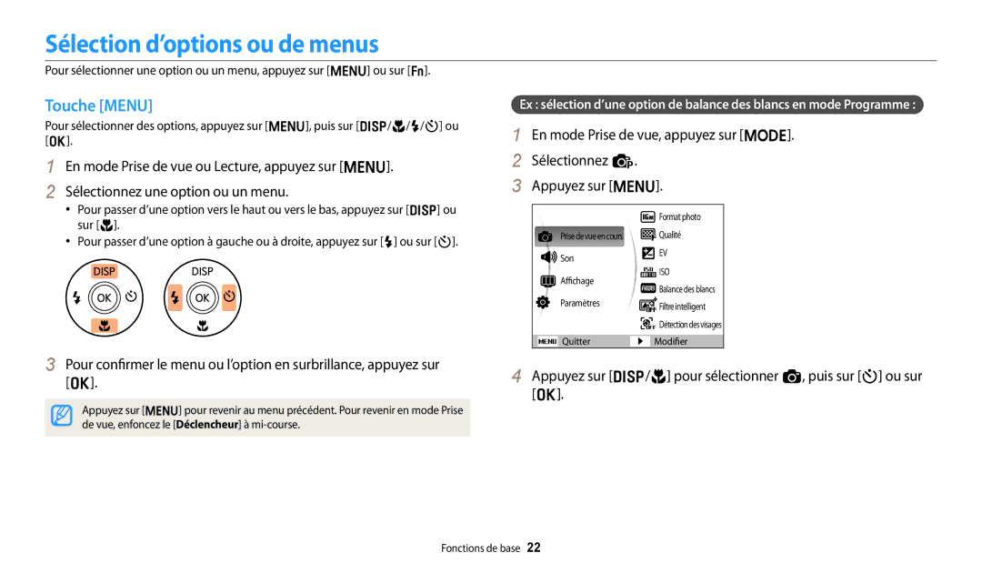 Samsung EC-ES95ZZBPWE3, EC-ES95ZZBPRE3 manual Sélection d’options ou de menus, Touche Menu 