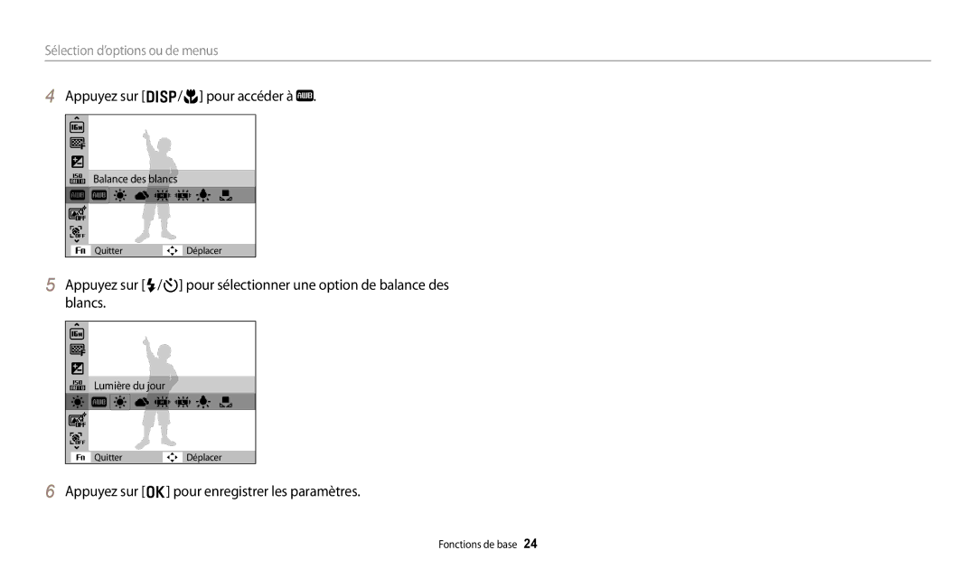 Samsung EC-ES95ZZBPWE3, EC-ES95ZZBPRE3 manual Appuyez sur D/c pour accéder à 