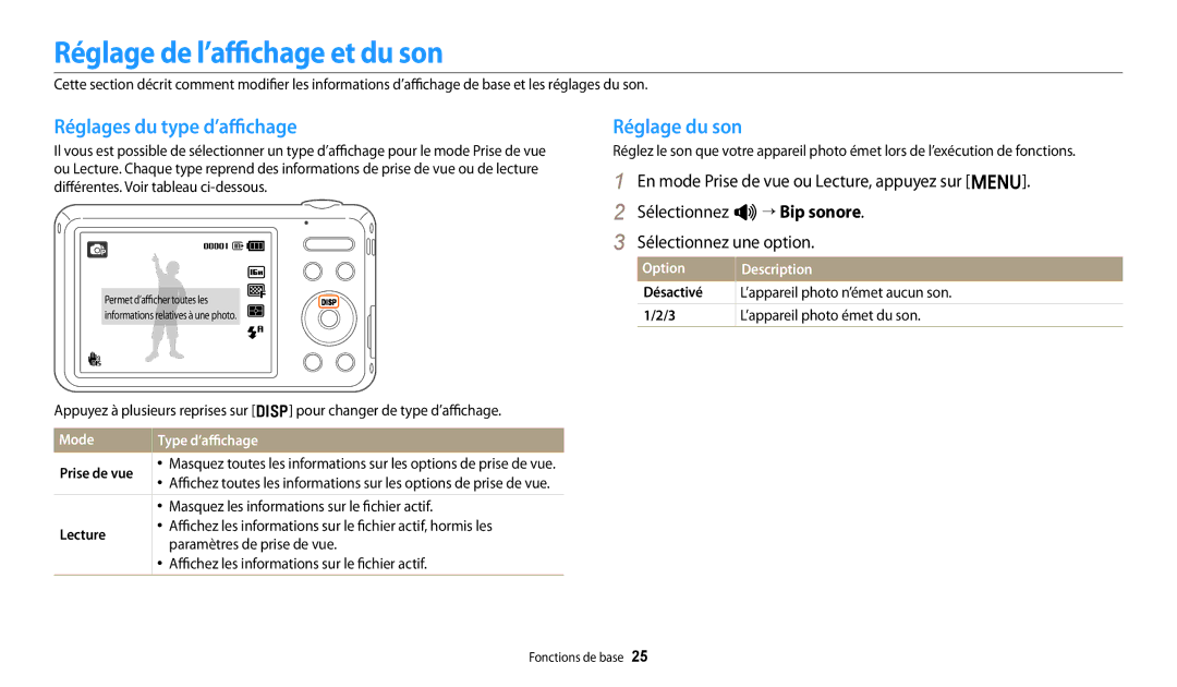 Samsung EC-ES95ZZBPRE3, EC-ES95ZZBPWE3 manual Réglage de l’affichage et du son, Réglages du type d’affichage, Réglage du son 