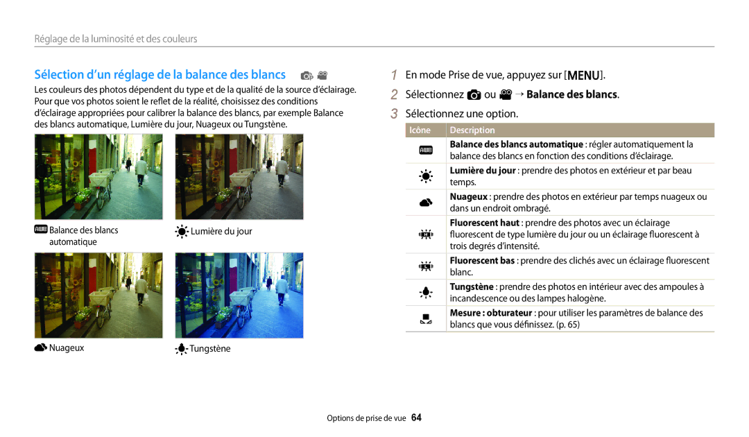 Samsung EC-ES95ZZBPWE3, EC-ES95ZZBPRE3 manual Sélection d’un réglage de la balance des blancs p 