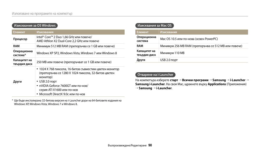 Samsung EC-ES95ZZBPBE3 manual Изисквания за OS Windows, Изисквания за Mac OS, Отваряне на i-Launcher, Елемент Изисквания 