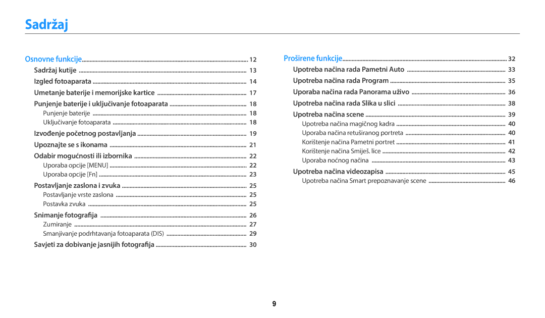 Samsung EC-ES95ZZBPWE3, EC-ES95ZZBPBE3 manual Sadržaj, Smanjivanje podrhtavanja fotoaparata DIS 