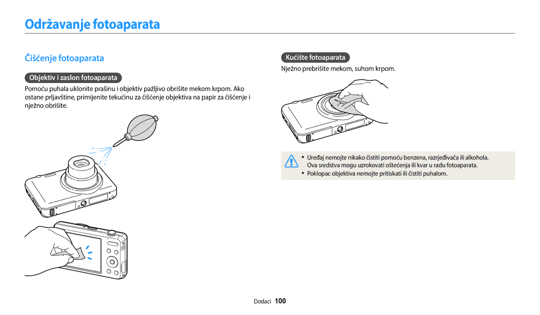 Samsung EC-ES95ZZBPBE3 Održavanje fotoaparata, Čišćenje fotoaparata, Objektiv i zaslon fotoaparata, Kućište fotoaparata 