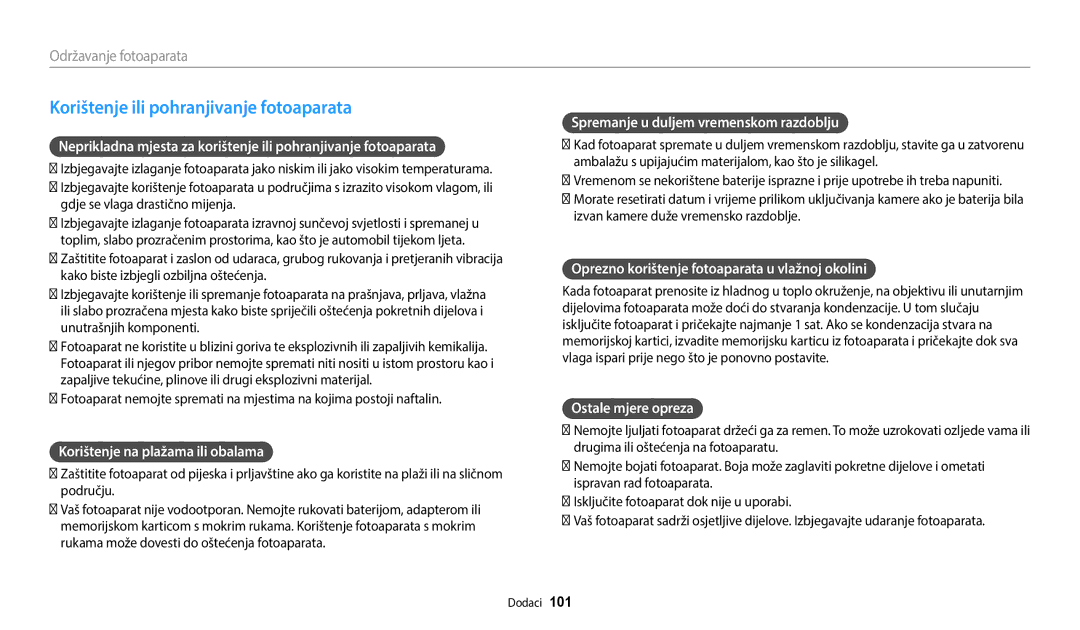 Samsung EC-ES95ZZBPWE3 Korištenje ili pohranjivanje fotoaparata, Korištenje na plažama ili obalama, Ostale mjere opreza 