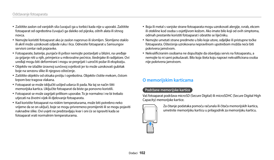 Samsung EC-ES95ZZBPBE3, EC-ES95ZZBPWE3 manual Memorijskim karticama, Podržane memorijske kartice 