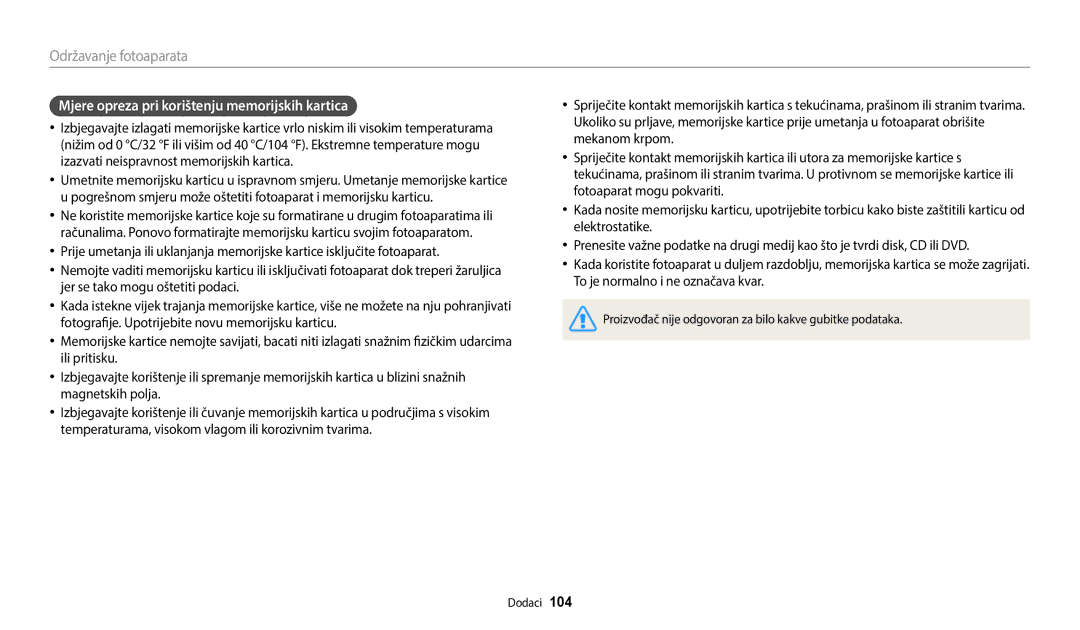 Samsung EC-ES95ZZBPBE3, EC-ES95ZZBPWE3 manual Mjere opreza pri korištenju memorijskih kartica 