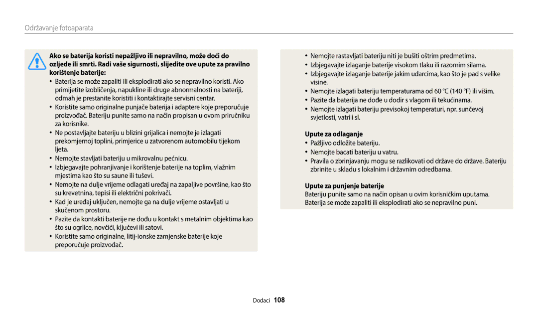 Samsung EC-ES95ZZBPBE3, EC-ES95ZZBPWE3 manual Upute za odlaganje, Pažljivo odložite bateriju Nemojte bacati bateriju u vatru 