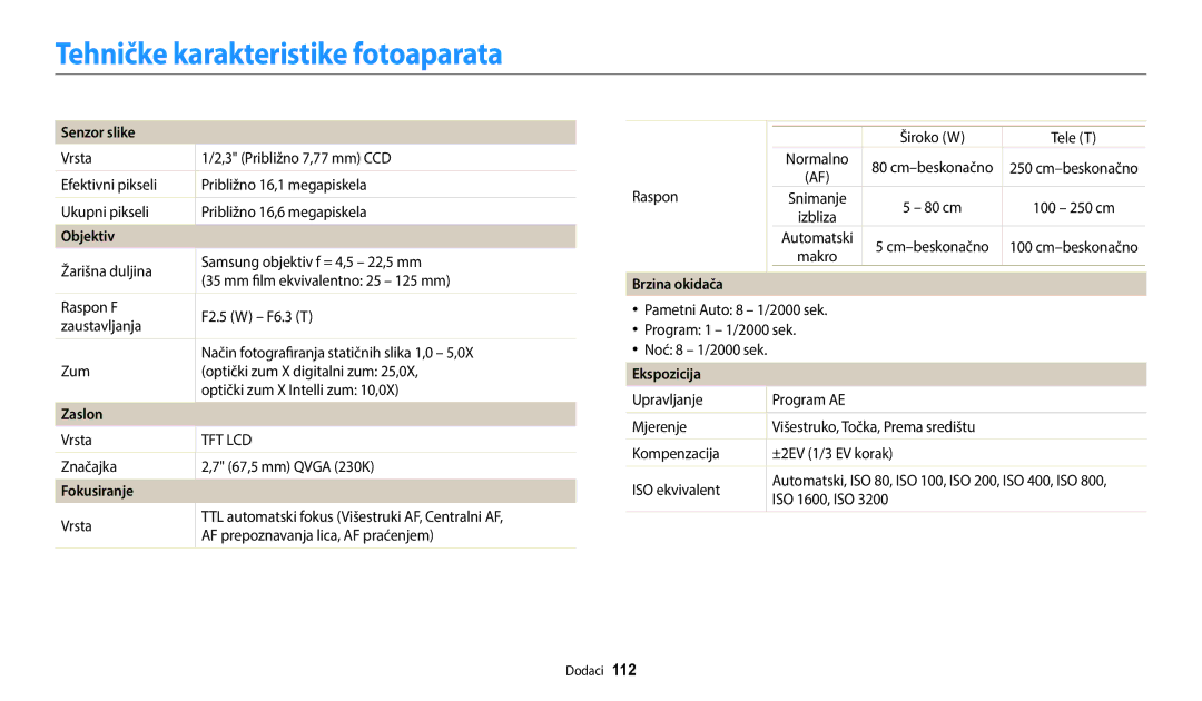 Samsung EC-ES95ZZBPBE3 manual Tehničke karakteristike fotoaparata, Senzor slike, Fokusiranje, Brzina okidača, Ekspozicija 