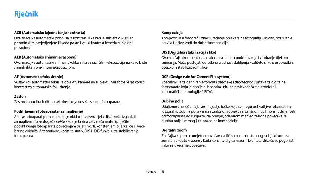 Samsung EC-ES95ZZBPBE3, EC-ES95ZZBPWE3 manual Rječnik 