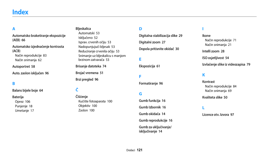 Samsung EC-ES95ZZBPWE3 manual Index, Način reprodukcije Način snimanja, Oprez Punjenje Umetanje, Automatski Isključeno 