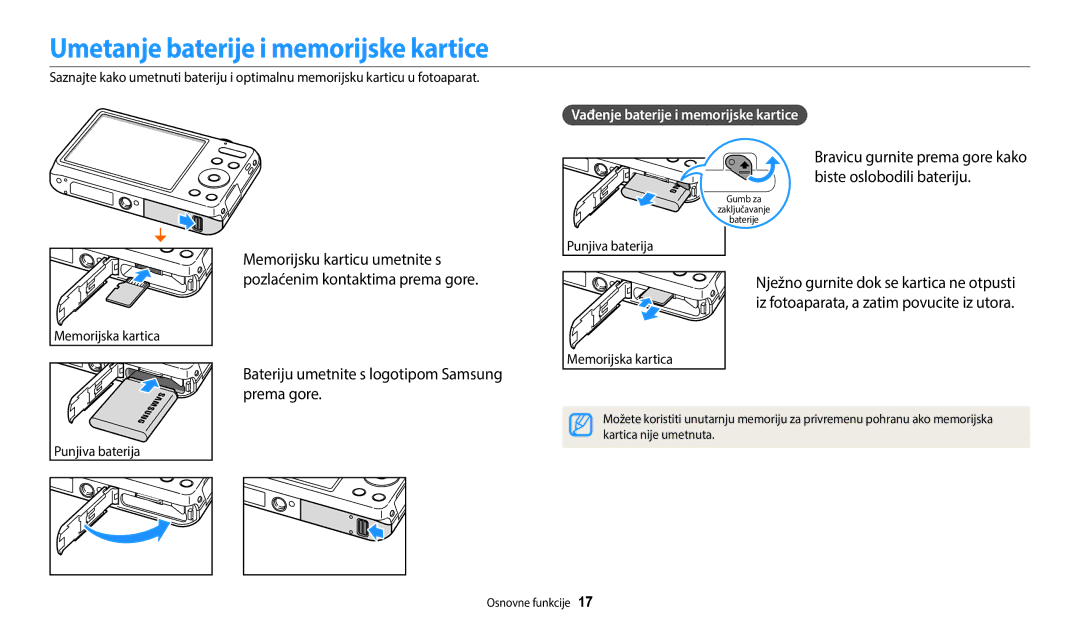 Samsung EC-ES95ZZBPWE3 Umetanje baterije i memorijske kartice, Bravicu gurnite prema gore kako biste oslobodili bateriju 