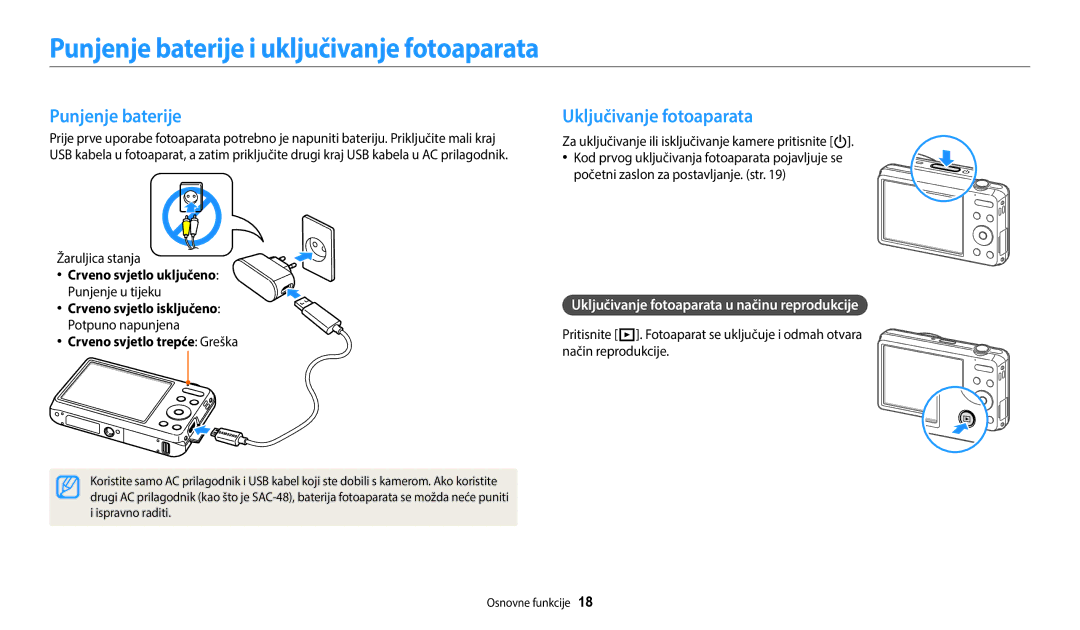 Samsung EC-ES95ZZBPBE3, EC-ES95ZZBPWE3 manual Punjenje baterije i uključivanje fotoaparata, Uključivanje fotoaparata 