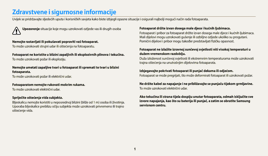 Samsung EC-ES95ZZBPWE3 Zdravstvene i sigurnosne informacije, Nemojte rastavljati ili pokušavati popraviti vaš fotoaparat 