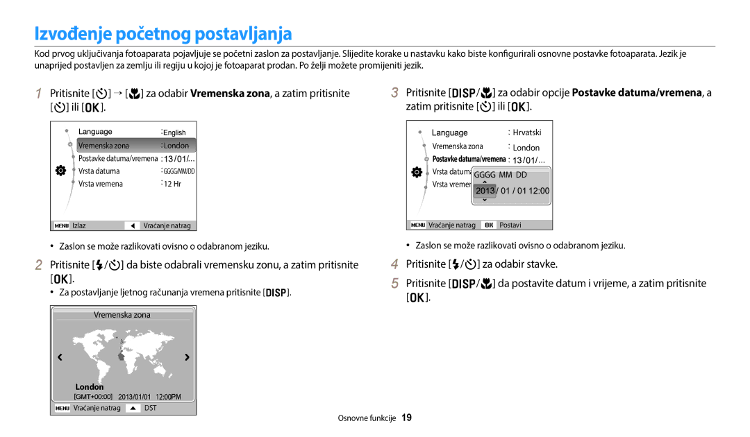 Samsung EC-ES95ZZBPWE3 manual Izvođenje početnog postavljanja, Zaslon se može razlikovati ovisno o odabranom jeziku 