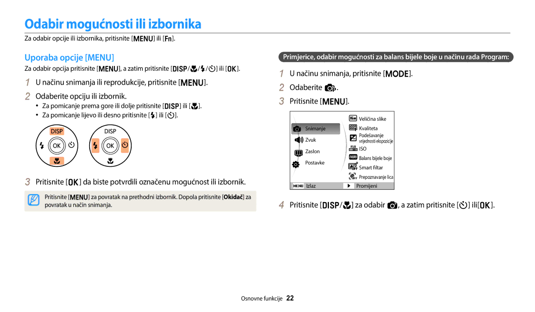 Samsung EC-ES95ZZBPBE3, EC-ES95ZZBPWE3 manual Odabir mogućnosti ili izbornika, Uporaba opcije Menu 