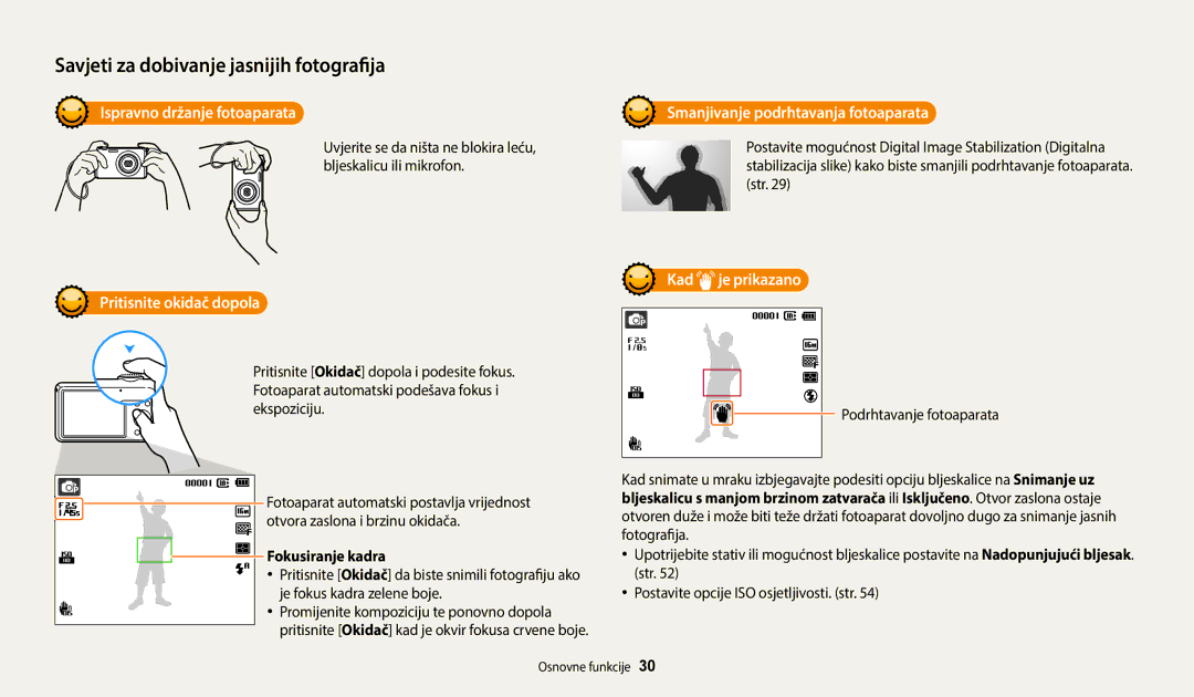 Samsung EC-ES95ZZBPBE3 manual Ispravno držanje fotoaparata, Pritisnite okidač dopola, Kad je prikazano, Fokusiranje kadra 