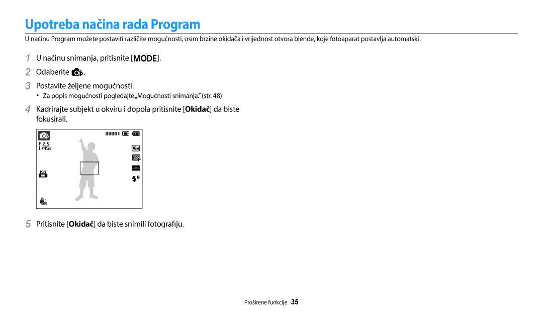 Samsung EC-ES95ZZBPWE3 manual Upotreba načina rada Program, Za popis mogućnosti pogledajte„Mogućnosti snimanja. str 