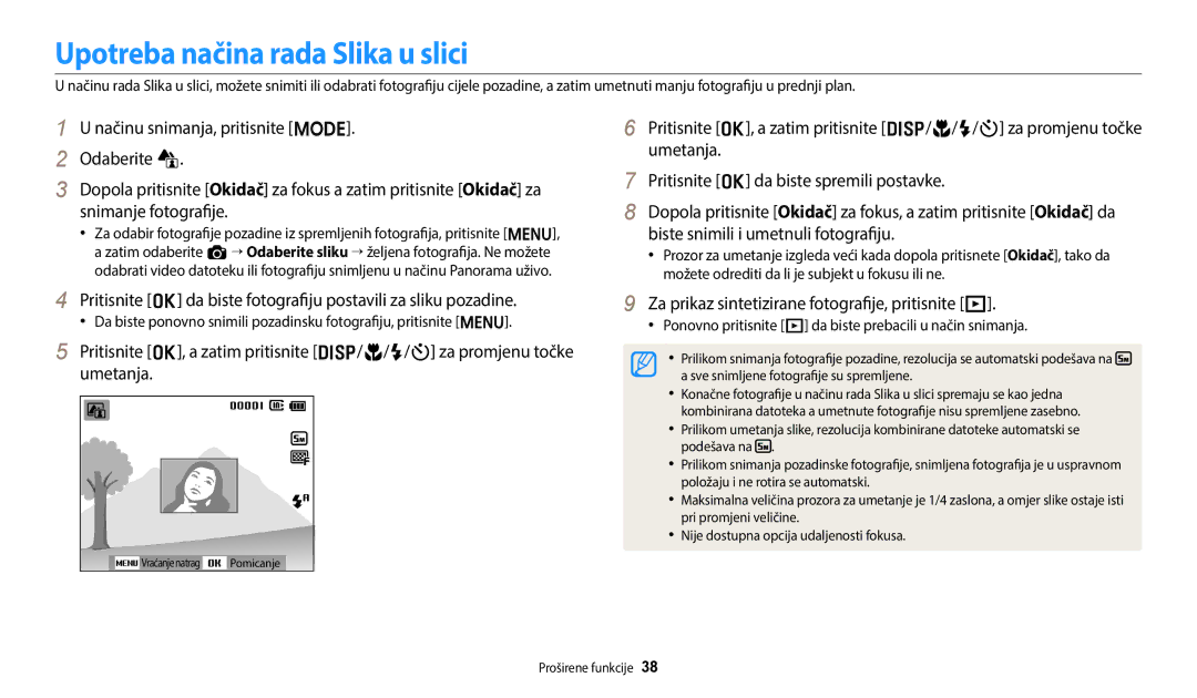 Samsung EC-ES95ZZBPBE3 manual Upotreba načina rada Slika u slici, Za prikaz sintetizirane fotografije, pritisnite P 