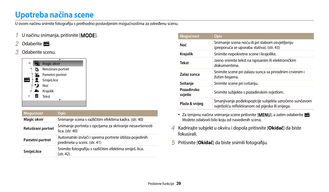 Samsung EC-ES95ZZBPWE3 Upotreba načina scene, Načinu snimanja, pritisnite M Odaberite s Odaberite scenu, Mogućnost Opis 