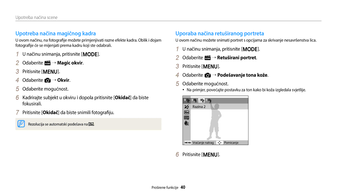 Samsung EC-ES95ZZBPBE3, EC-ES95ZZBPWE3 manual Upotreba načina magičnog kadra, Uporaba načina retuširanog portreta 