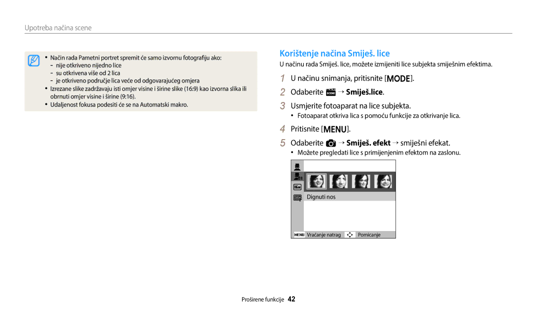 Samsung EC-ES95ZZBPBE3 manual Korištenje načina Smiješ. lice, Pritisnite m Odaberite a “ Smiješ. efekt “ smiješni efekat 