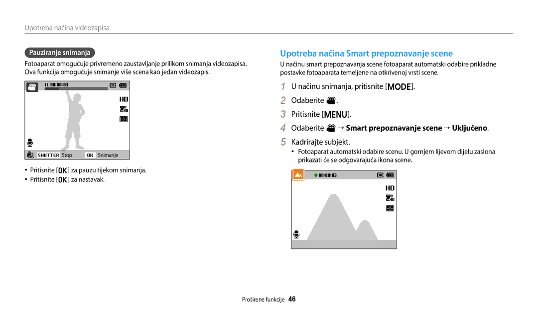 Samsung EC-ES95ZZBPBE3 Upotreba načina Smart prepoznavanje scene, Načinu snimanja, pritisnite M Odaberite Pritisnite m 