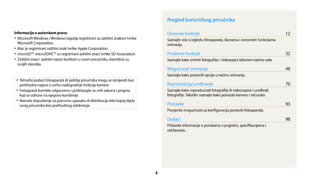 Samsung EC-ES95ZZBPBE3, EC-ES95ZZBPWE3 manual Pregled korisničkog priručnika, Informacije o autorskom pravu 