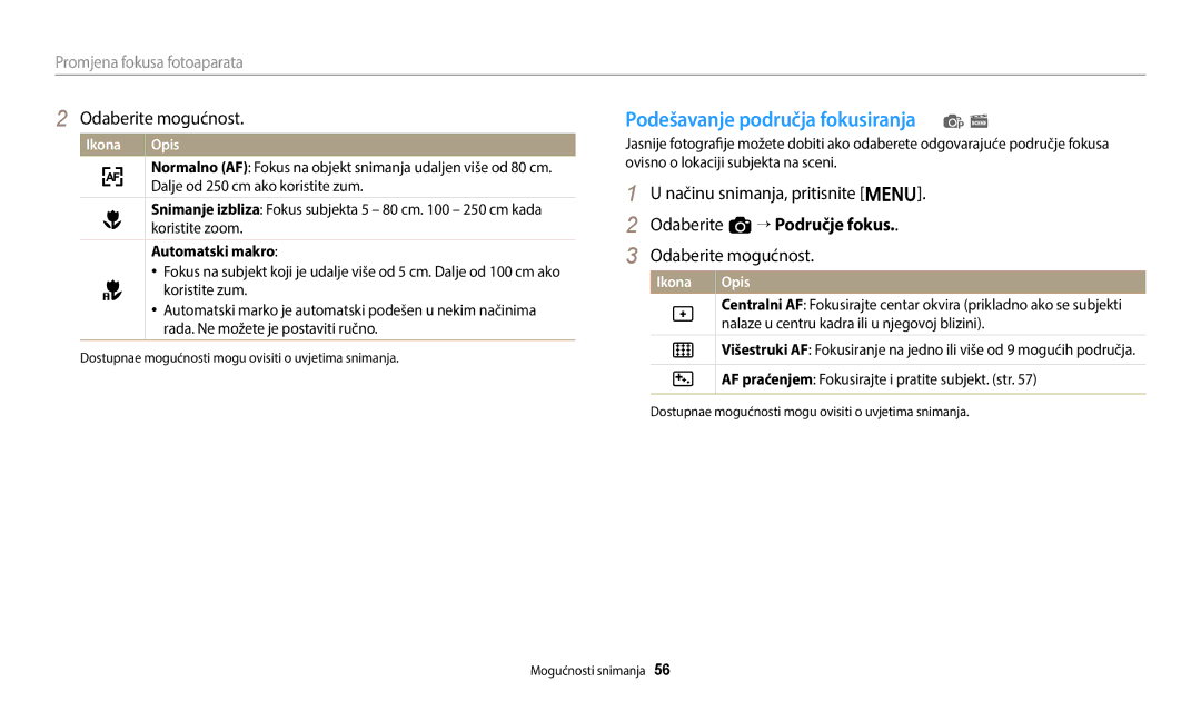 Samsung EC-ES95ZZBPBE3, EC-ES95ZZBPWE3 manual Podešavanje područja fokusiranja p s, Odaberite a “ Područje fokus 