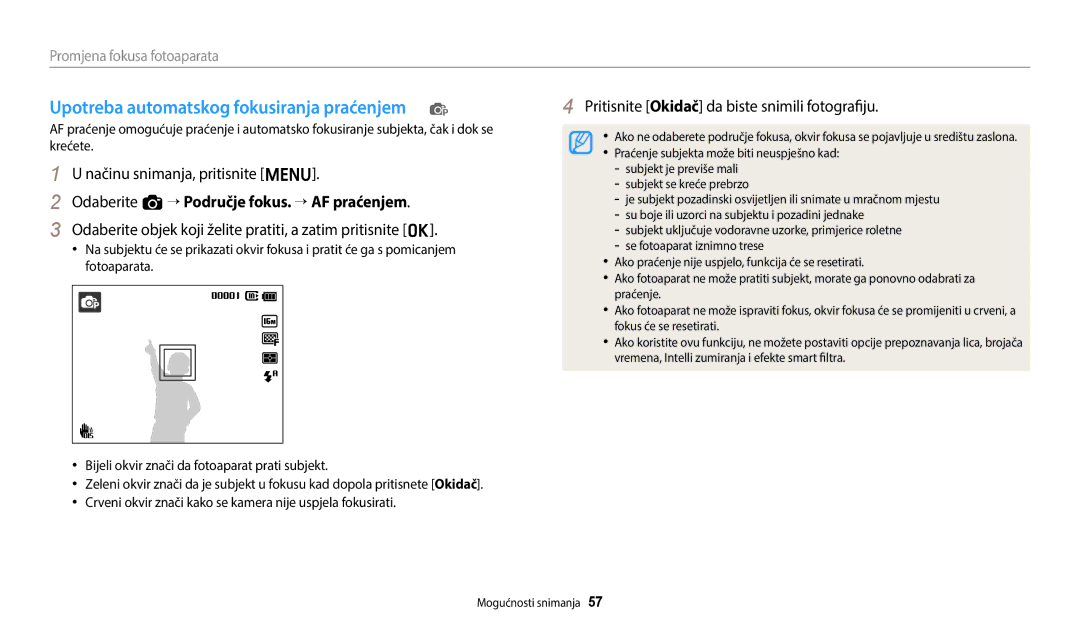 Samsung EC-ES95ZZBPWE3 manual Upotreba automatskog fokusiranja praćenjem p, Odaberite a “ Područje fokus. “ AF praćenjem 