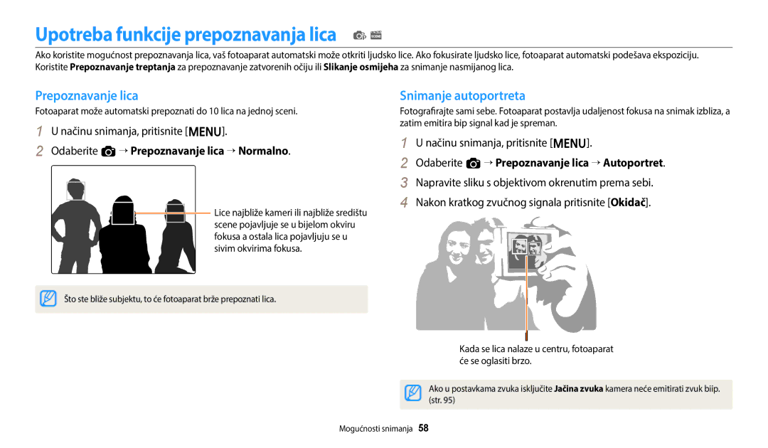 Samsung EC-ES95ZZBPBE3, EC-ES95ZZBPWE3 Upotreba funkcije prepoznavanja lica p s, Prepoznavanje lica, Snimanje autoportreta 