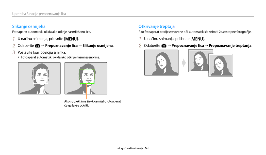Samsung EC-ES95ZZBPWE3, EC-ES95ZZBPBE3 manual Otkrivanje treptaja, Odaberite a “ Prepoznavanje lica “ Slikanje osmijeha 
