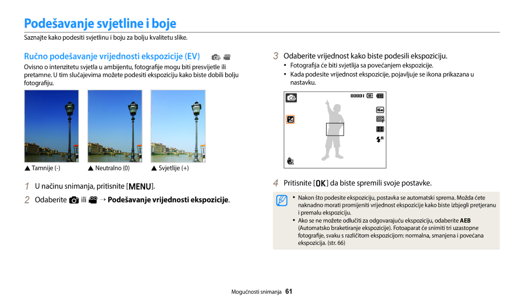 Samsung EC-ES95ZZBPWE3, EC-ES95ZZBPBE3 manual Podešavanje svjetline i boje, Ručno podešavanje vrijednosti ekspozicije EV p 