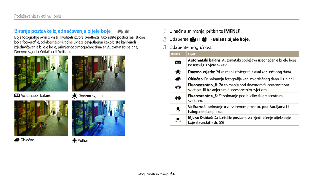 Samsung EC-ES95ZZBPBE3 manual Biranje postavke izjednačavanja bijele boje p, Na temelju uvjeta svjetla, Dana, Sjeni 