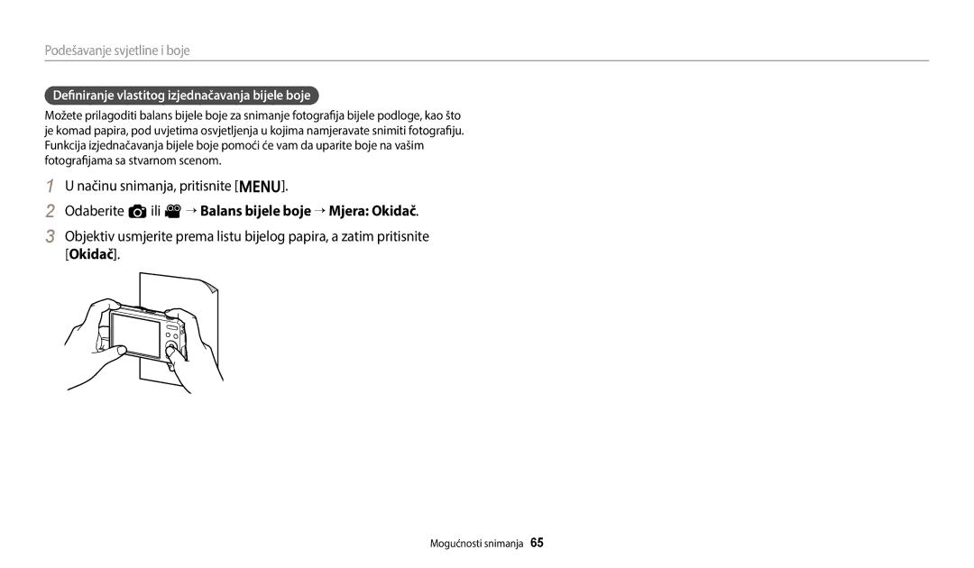 Samsung EC-ES95ZZBPWE3, EC-ES95ZZBPBE3 manual Odaberite a ili v “ Balans bijele boje “ Mjera Okidač 