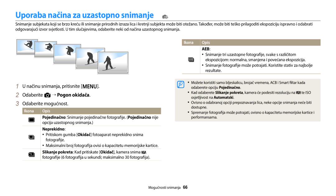 Samsung EC-ES95ZZBPBE3, EC-ES95ZZBPWE3 manual Uporaba načina za uzastopno snimanje p, Opcija uzastopnog snimanja, Neprekidno 