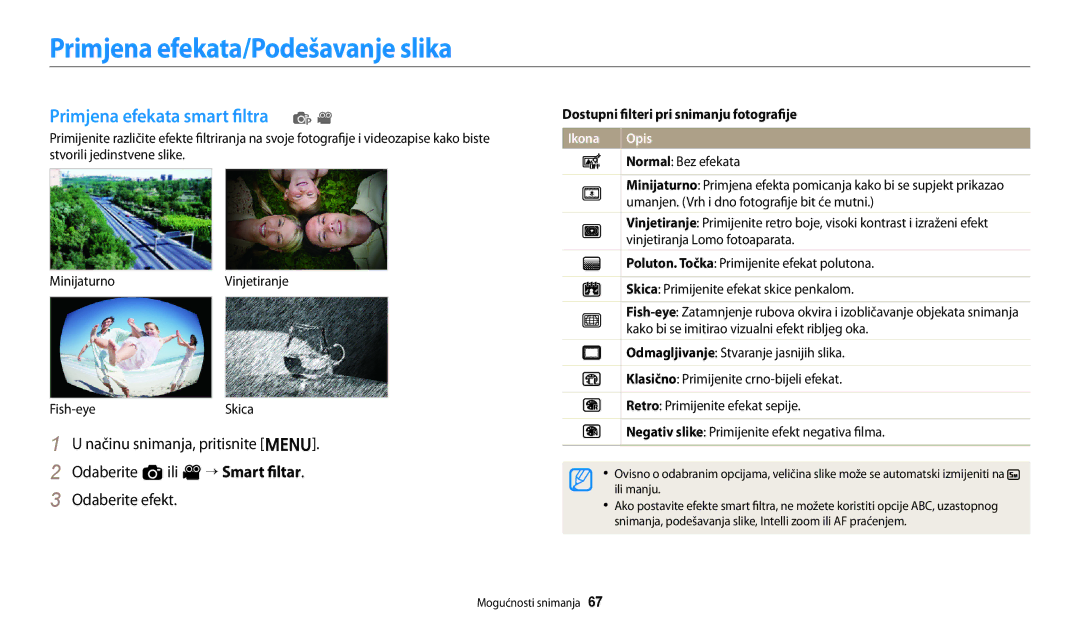 Samsung EC-ES95ZZBPWE3, EC-ES95ZZBPBE3 manual Primjena efekata/Podešavanje slika, Primjena efekata smart filtra p 