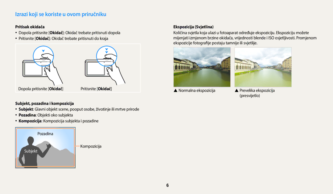 Samsung EC-ES95ZZBPBE3 manual Izrazi koji se koriste u ovom priručniku, Pritisak okidača, Subjekt, pozadina i kompozicija 