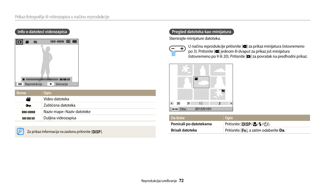 Samsung EC-ES95ZZBPBE3 manual Info o datoteci videozapisa, Pregled datoteka kao minijatura, Skenirajte minijature datoteka 