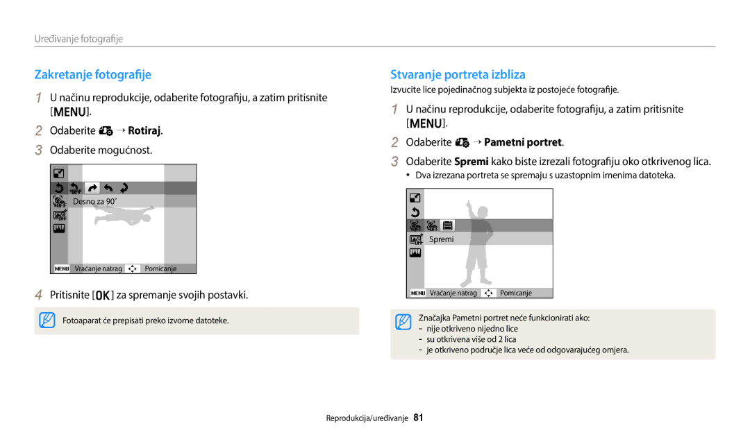 Samsung EC-ES95ZZBPWE3, EC-ES95ZZBPBE3 Zakretanje fotografije, Stvaranje portreta izbliza, Odaberite e “ Pametni portret 