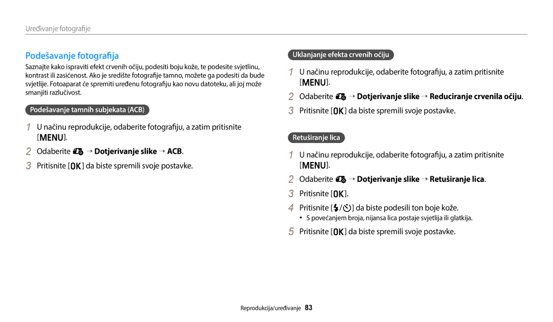 Samsung EC-ES95ZZBPWE3, EC-ES95ZZBPBE3 manual Podešavanje fotografija, Odaberite e “ Dotjerivanje slike “ ACB 