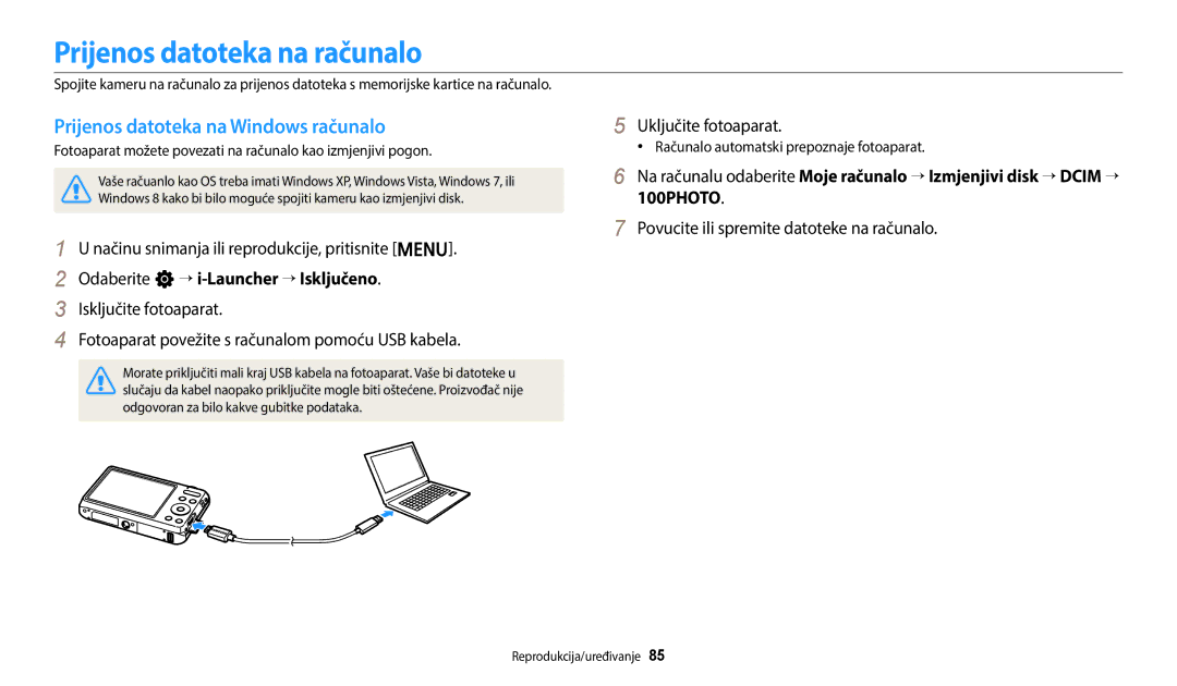 Samsung EC-ES95ZZBPWE3, EC-ES95ZZBPBE3 manual Prijenos datoteka na računalo, Prijenos datoteka na Windows računalo 