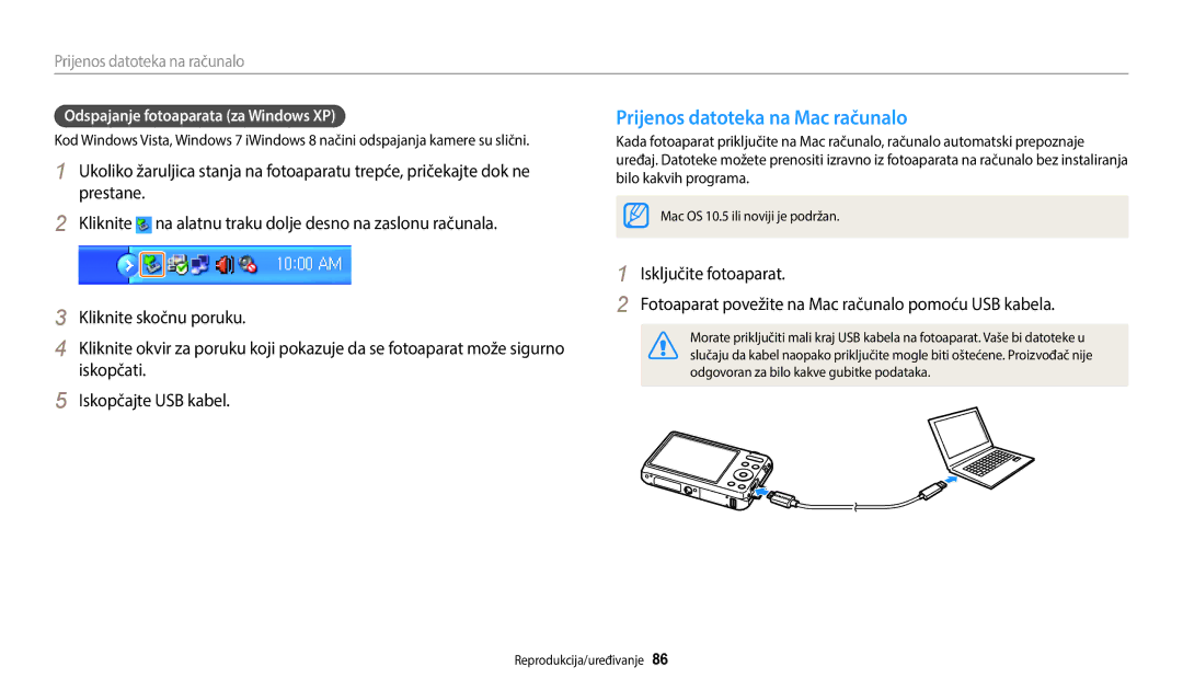 Samsung EC-ES95ZZBPBE3, EC-ES95ZZBPWE3 manual Prijenos datoteka na Mac računalo, Odspajanje fotoaparata za Windows XP 