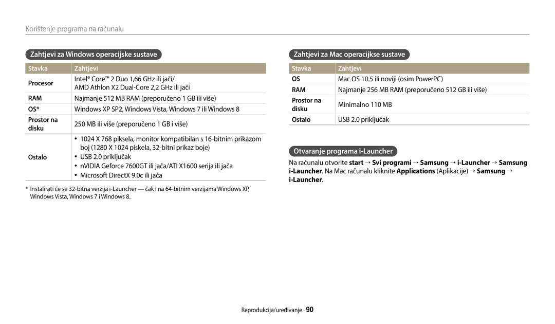 Samsung EC-ES95ZZBPBE3 manual Zahtjevi za Windows operacijske sustave, Zahtjevi za Mac operacijkse sustave, Stavka Zahtjevi 