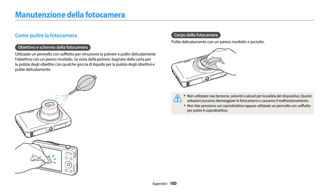 Samsung EC-ES95ZZBPWE3 Manutenzione della fotocamera, Come pulire la fotocamera, Obiettivo e schermo della fotocamera 