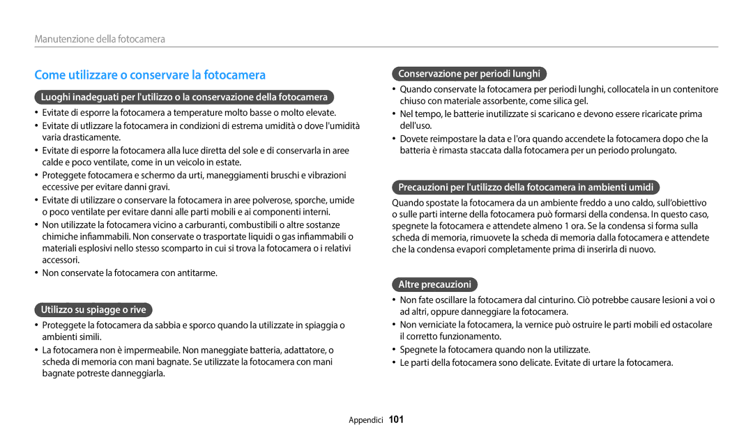 Samsung EC-ES95ZZBPWE3 manual Come utilizzare o conservare la fotocamera, Utilizzo su spiagge o rive, Altre precauzioni 