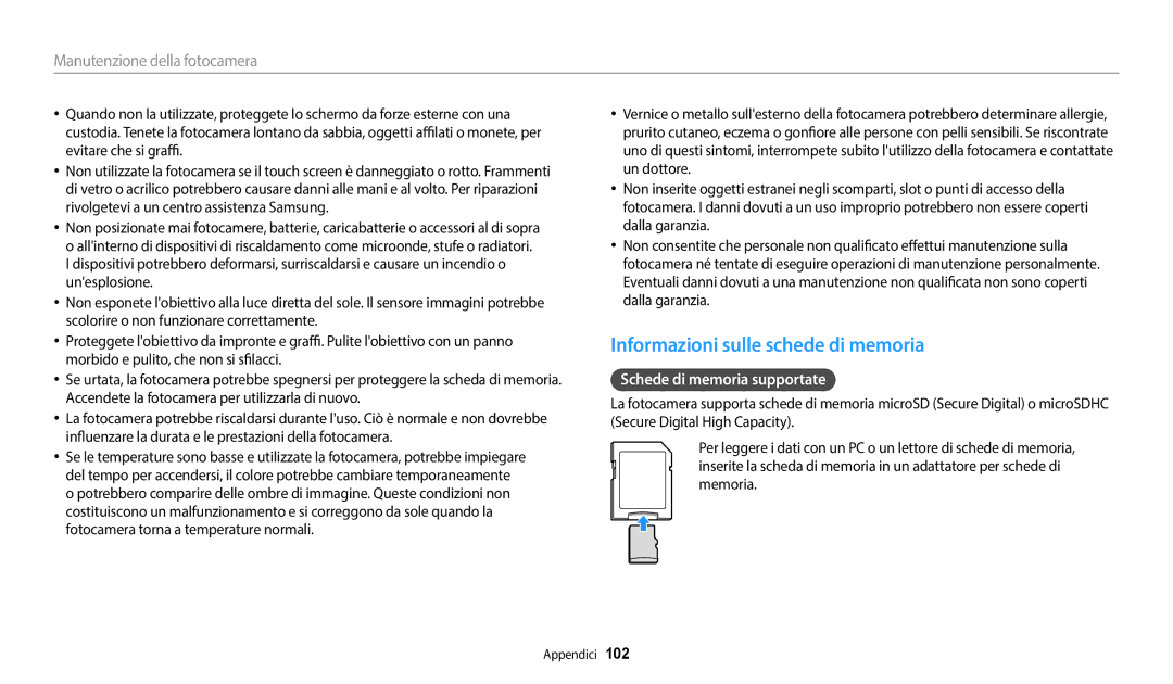 Samsung EC-ES95ZZBPWE3 manual Informazioni sulle schede di memoria, Schede di memoria supportate 