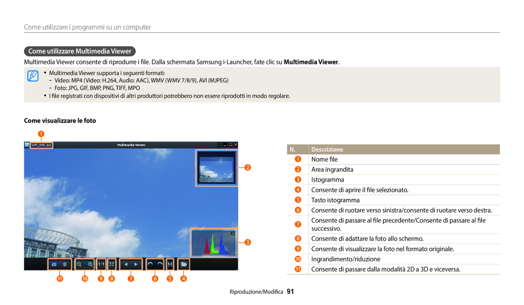 Samsung EC-ES95ZZBPWE3 manual Come utilizzare Multimedia Viewer, Come visualizzare le foto, Nome file 